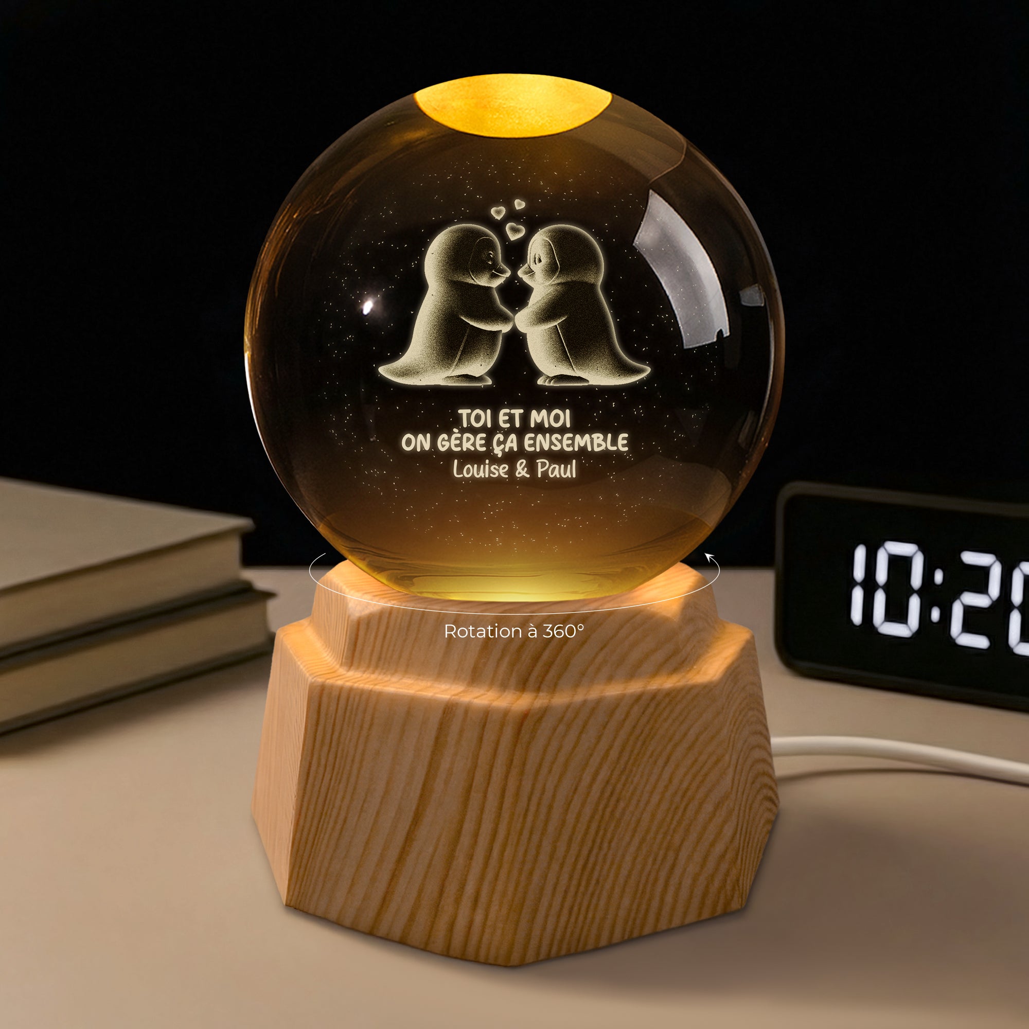 7414LFR2 veilleuse boule de cristal 3d personnalisee vieillir ensemble couple manchot 7414l8qng