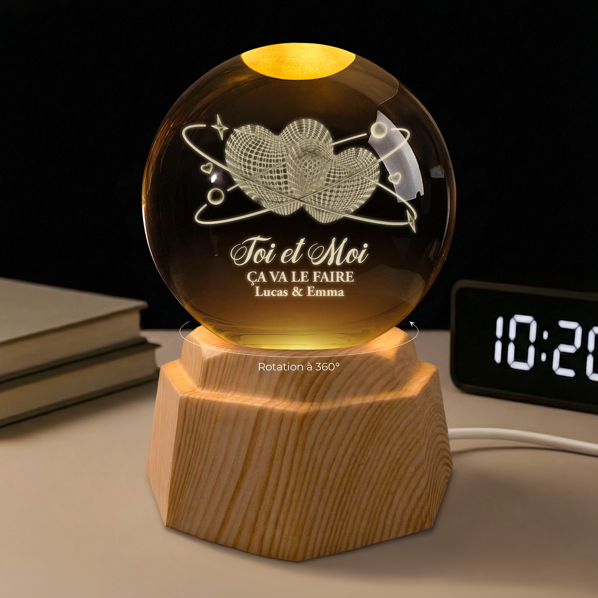 7552LFR2 veilleuse boule de cristal 3d personnalisee couple toi et moi avec coeurs 7552l3qmg