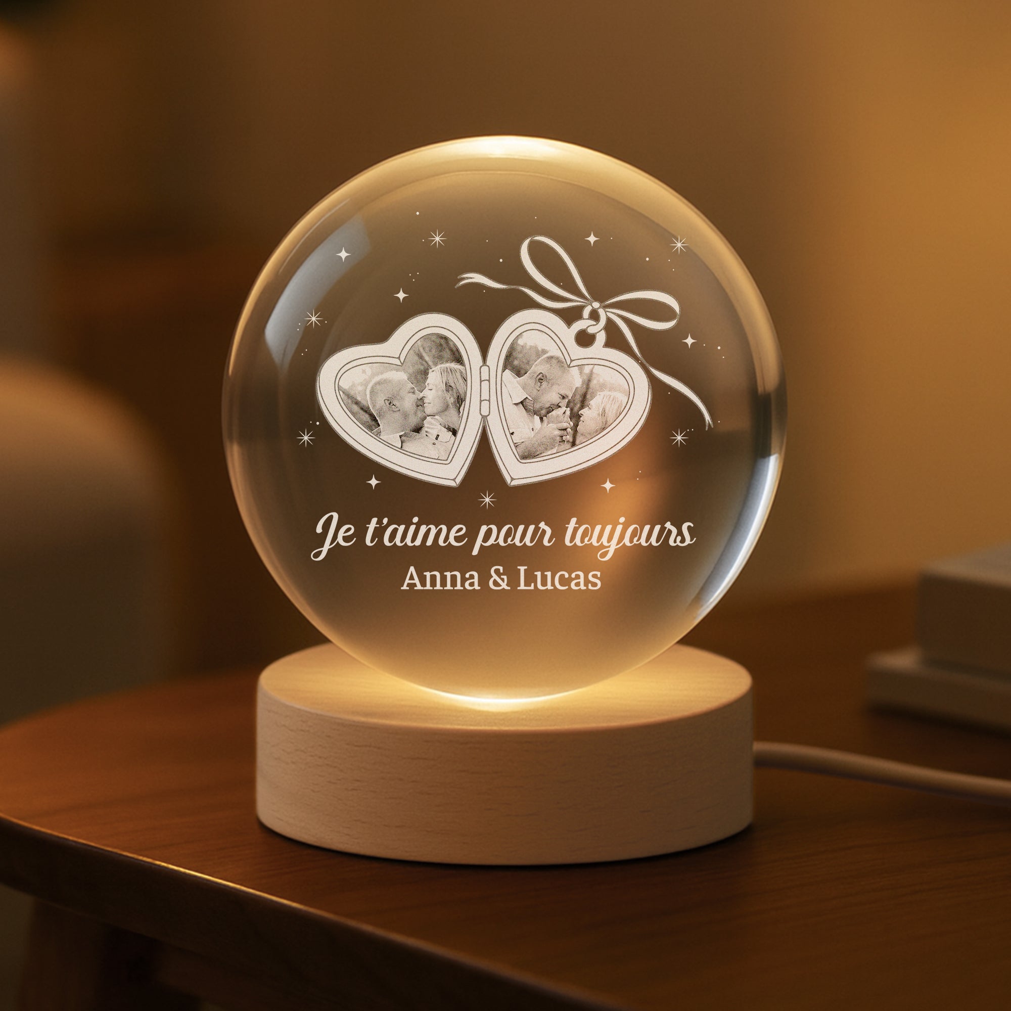 7572LFR2 veilleuse boule de cristal personnalisee toi et moi couple ensemble 7572lcpwg