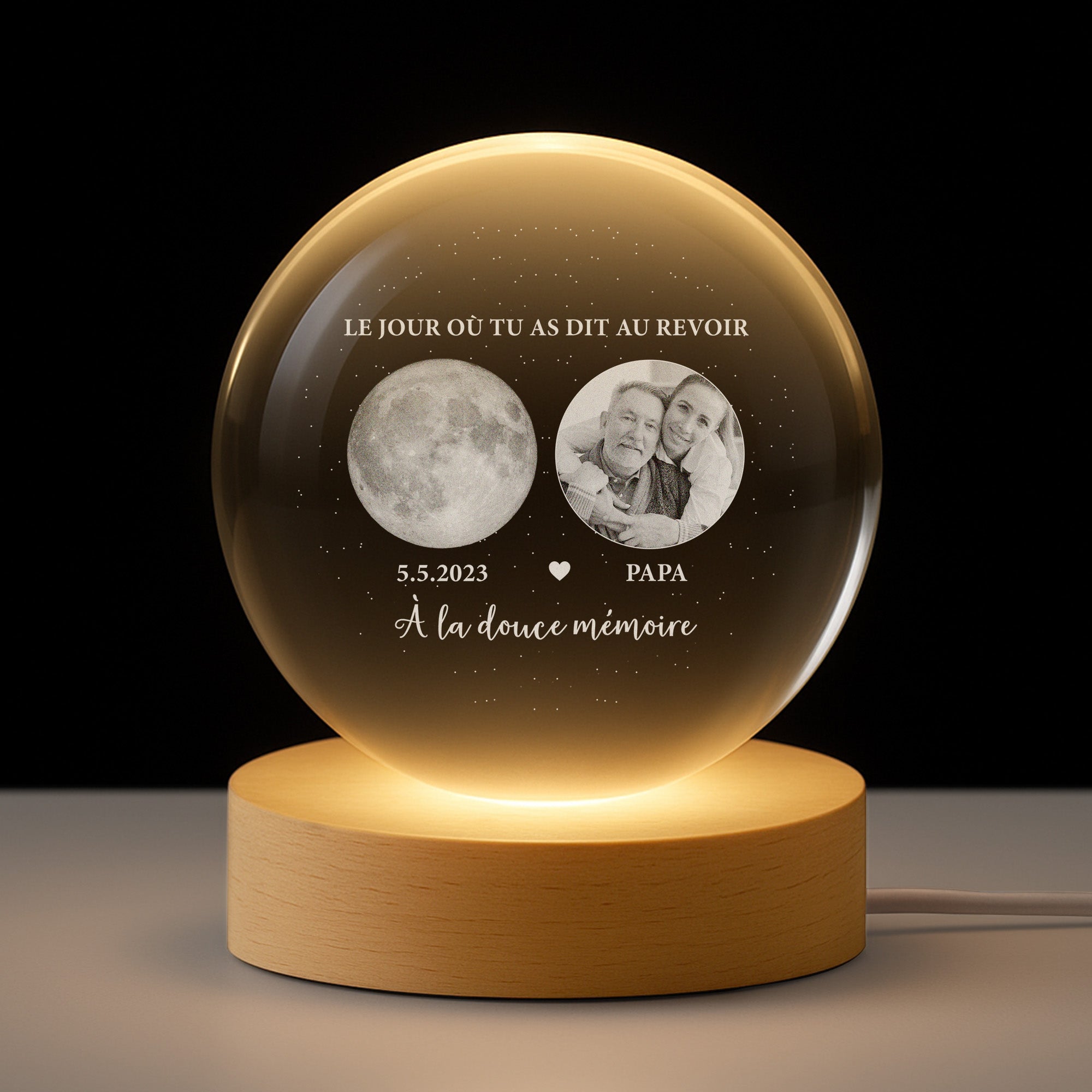 7675LFR2 veilleuse boule de cristal personnalisee photo commemorative de maman papa au revoir avec phase de la lune 7675l3tca