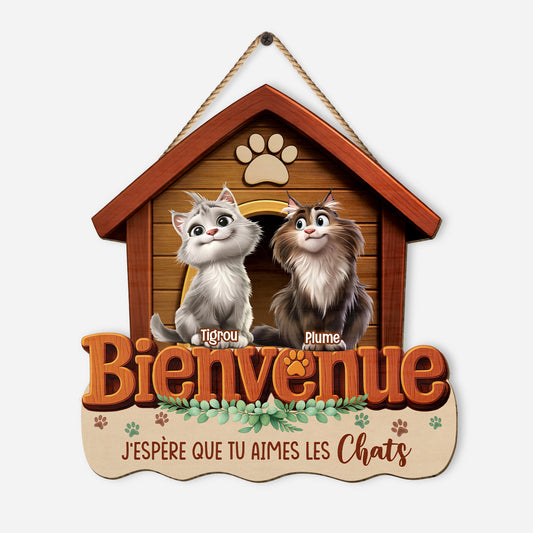 7707QFR1 plaque en bois personnalisee a suspendre bienvenue jespere tu aimes les chats 7707q3lad