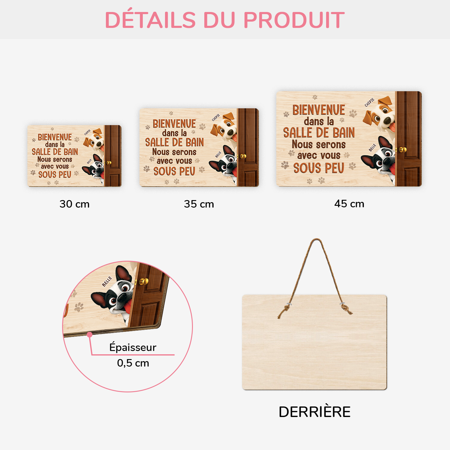 7735QFR3 plaque en bois personnalisee a suspendre avec chien bienvenue dans la salle de bain 7735qtrac