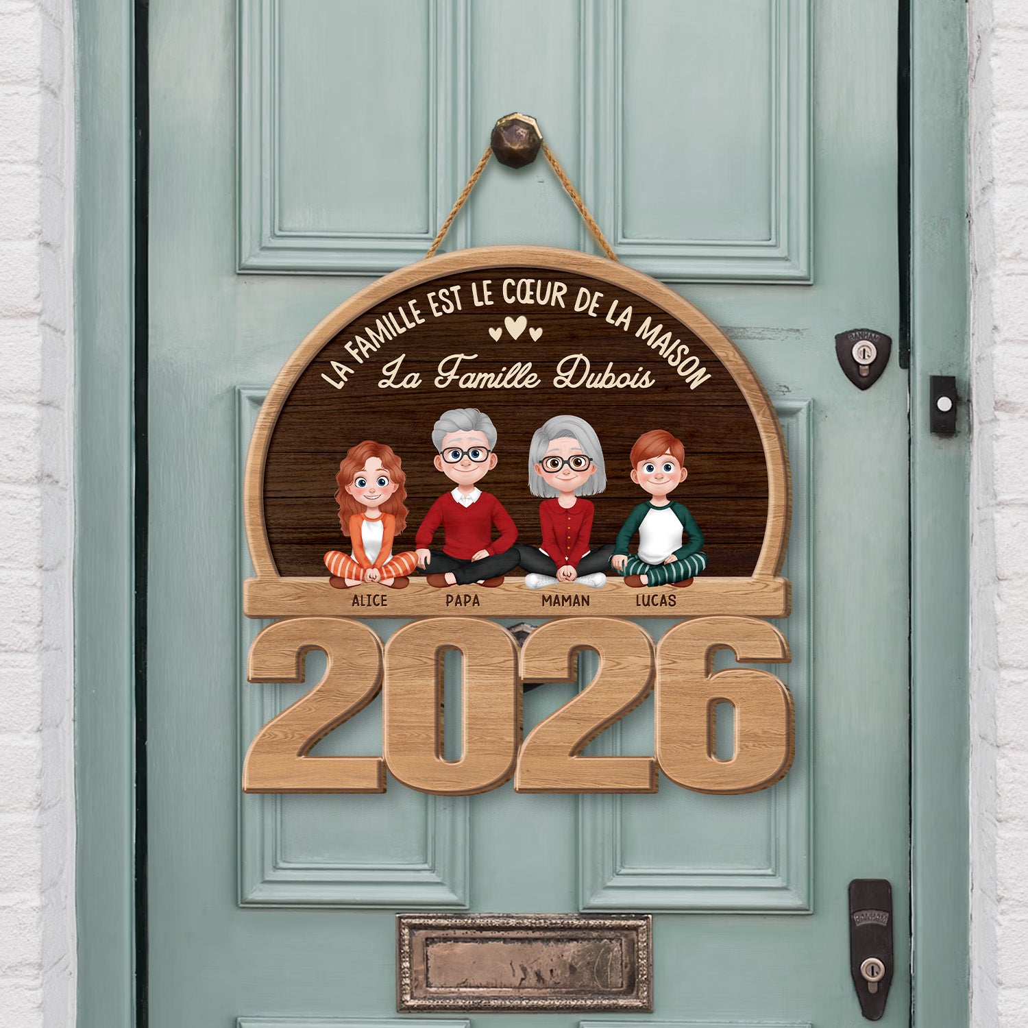 7738QFR2 plaque en bois personnalisee a suspendre notre famille avec chat et chien 7738qtlni