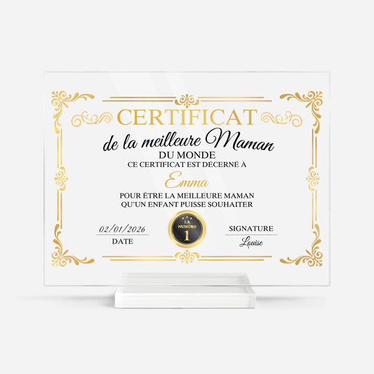 7894RFR1 certificat de la meilleure maman plaque en acrylique personnalisee avec support 7894rcpaa