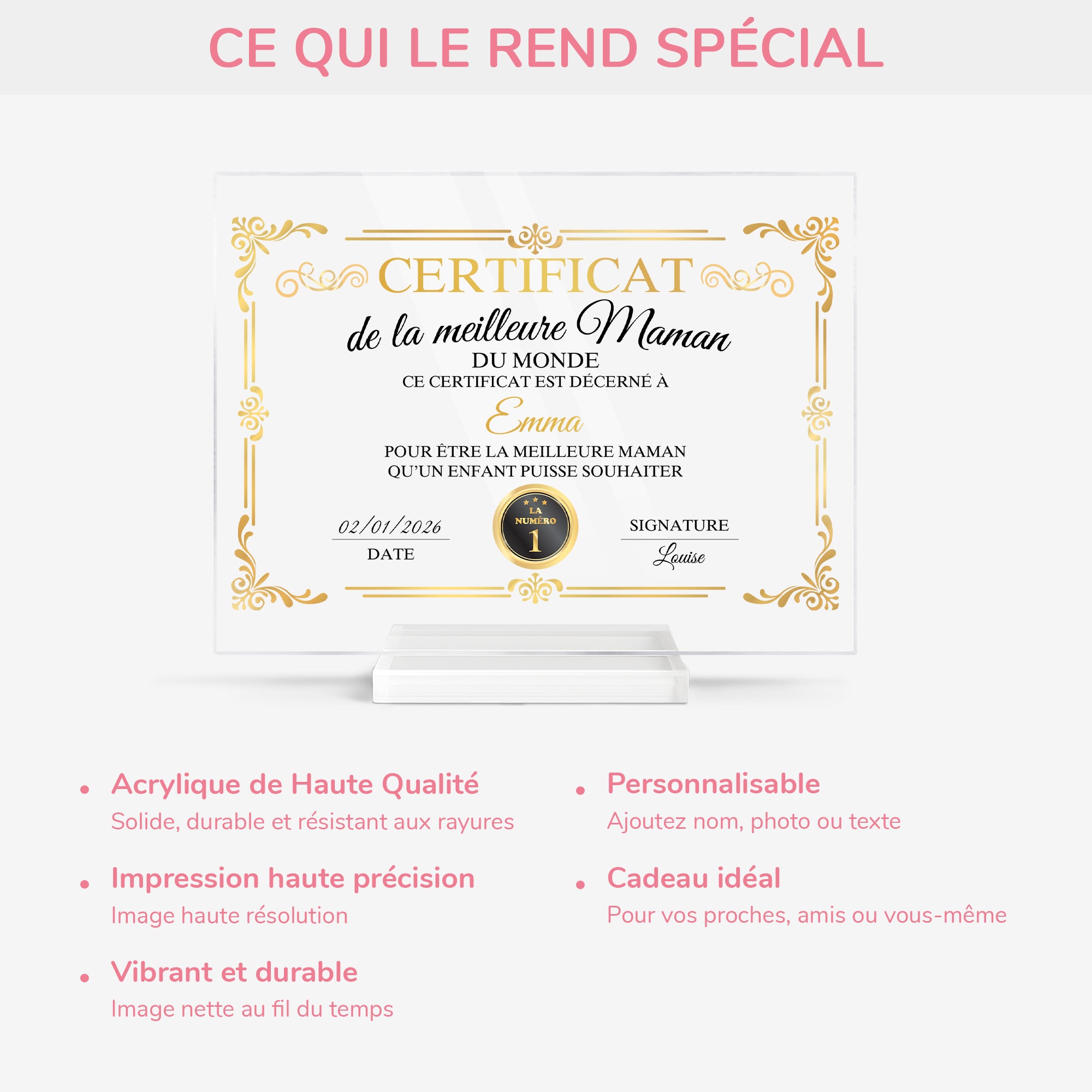 7894RFR5 certificat de la meilleure maman plaque en acrylique personnalisee avec support 7894rcpaa