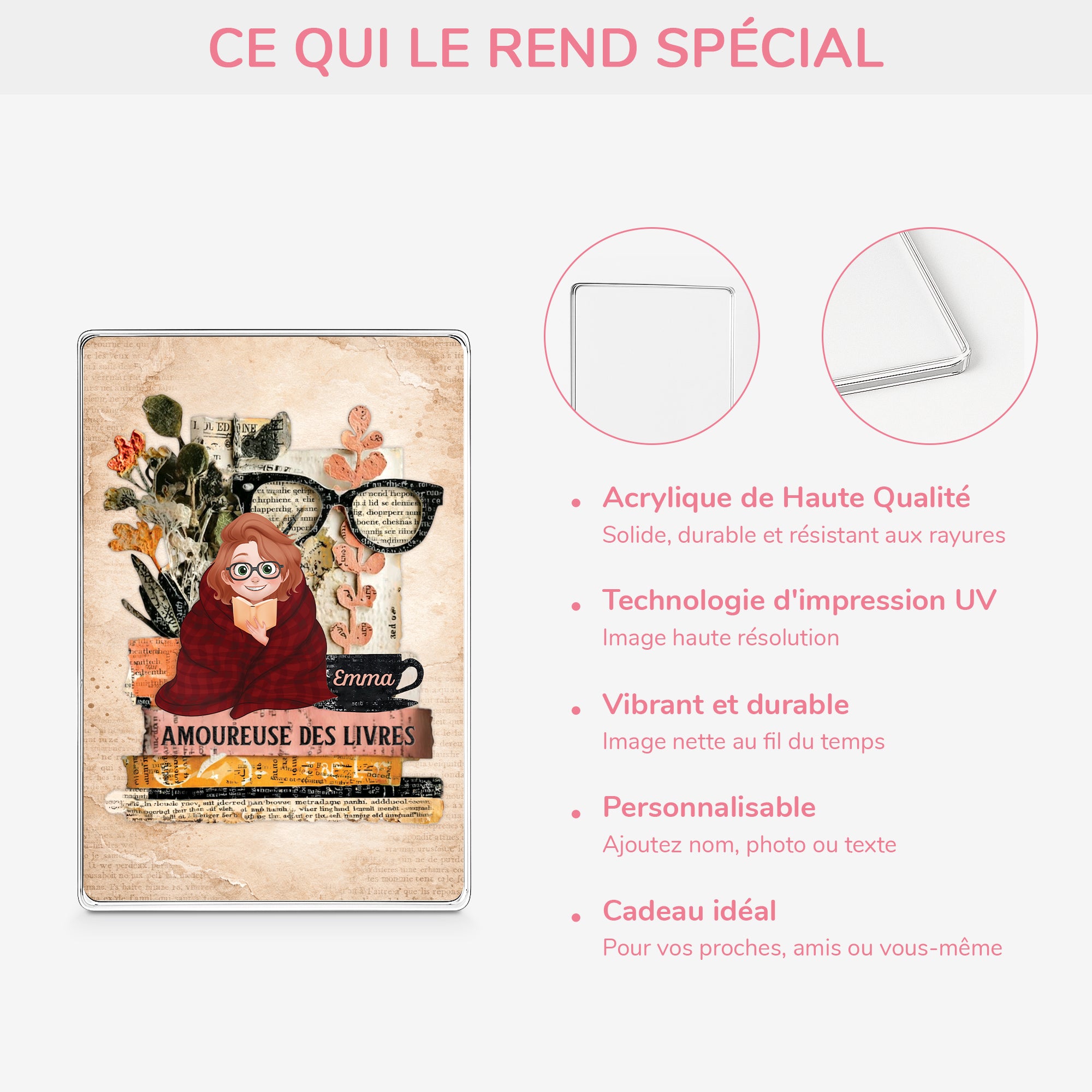 8102RFR4 cadeau amoureux des livres femmehomme plaque en acrylique personnalisee rectangulaire 8102r8pca