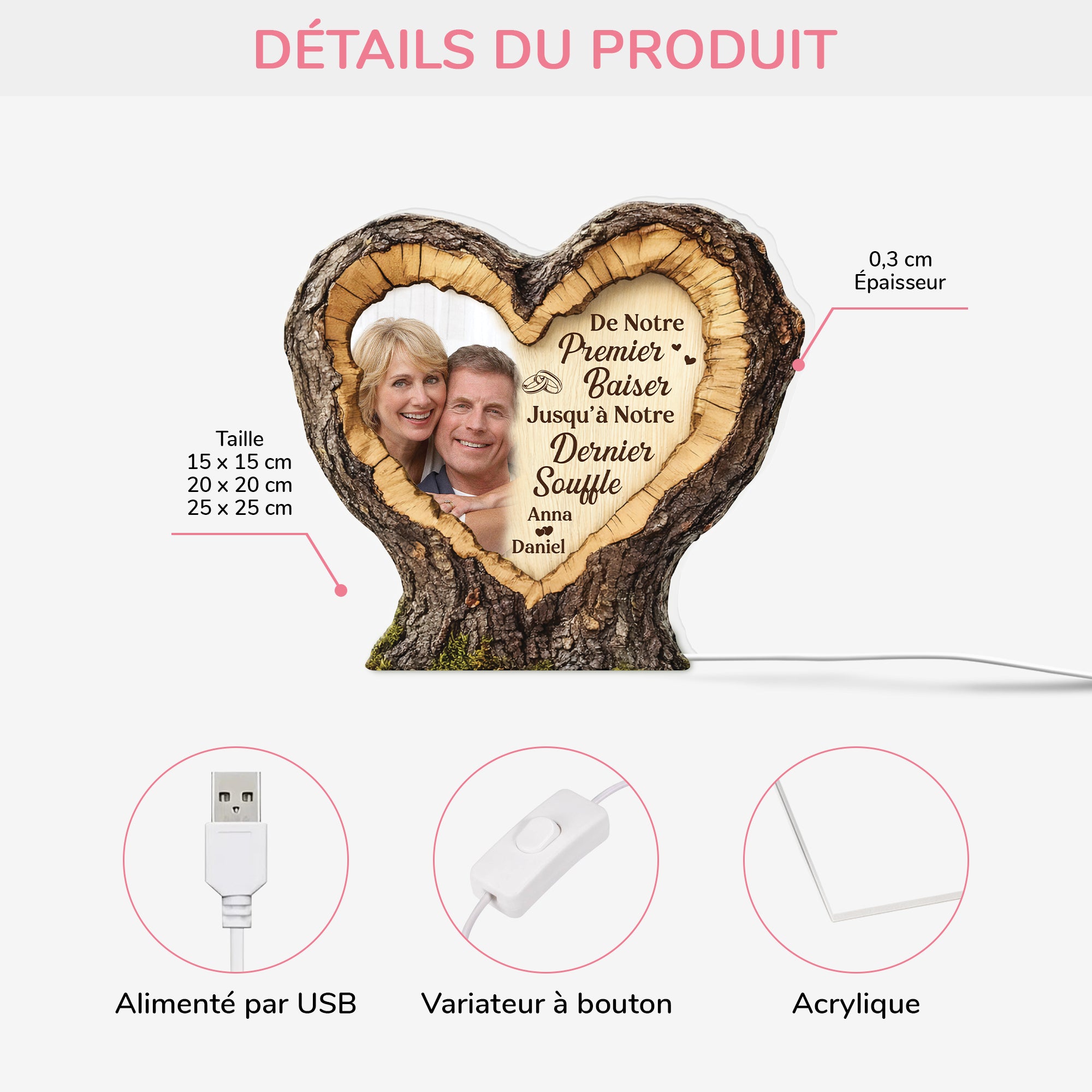 8802LFR2 effet dimpression 3d notre premier baiser lightbox personnalisable couple avec photo 8802lnpag