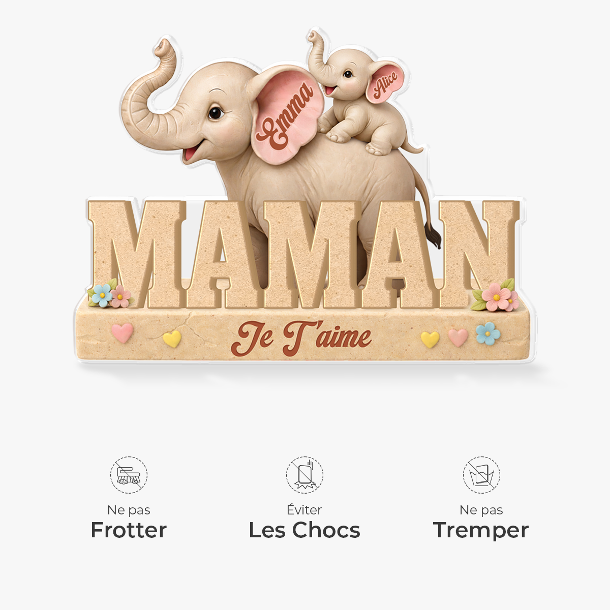 9072AFR3 effet dimpression 3d je taime maman papa elephant bloc acrylique personnalise 9072arcqpa