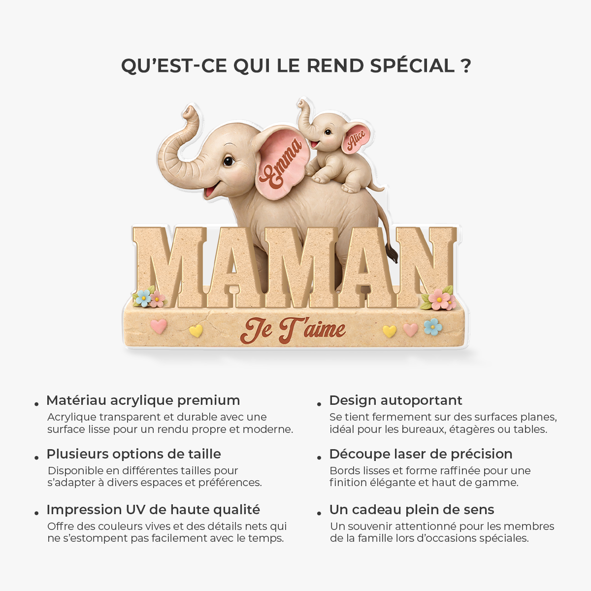 9072AFR4 effet dimpression 3d bloc acrylique personnalise je taime maman papa elephant 9072arcqpa