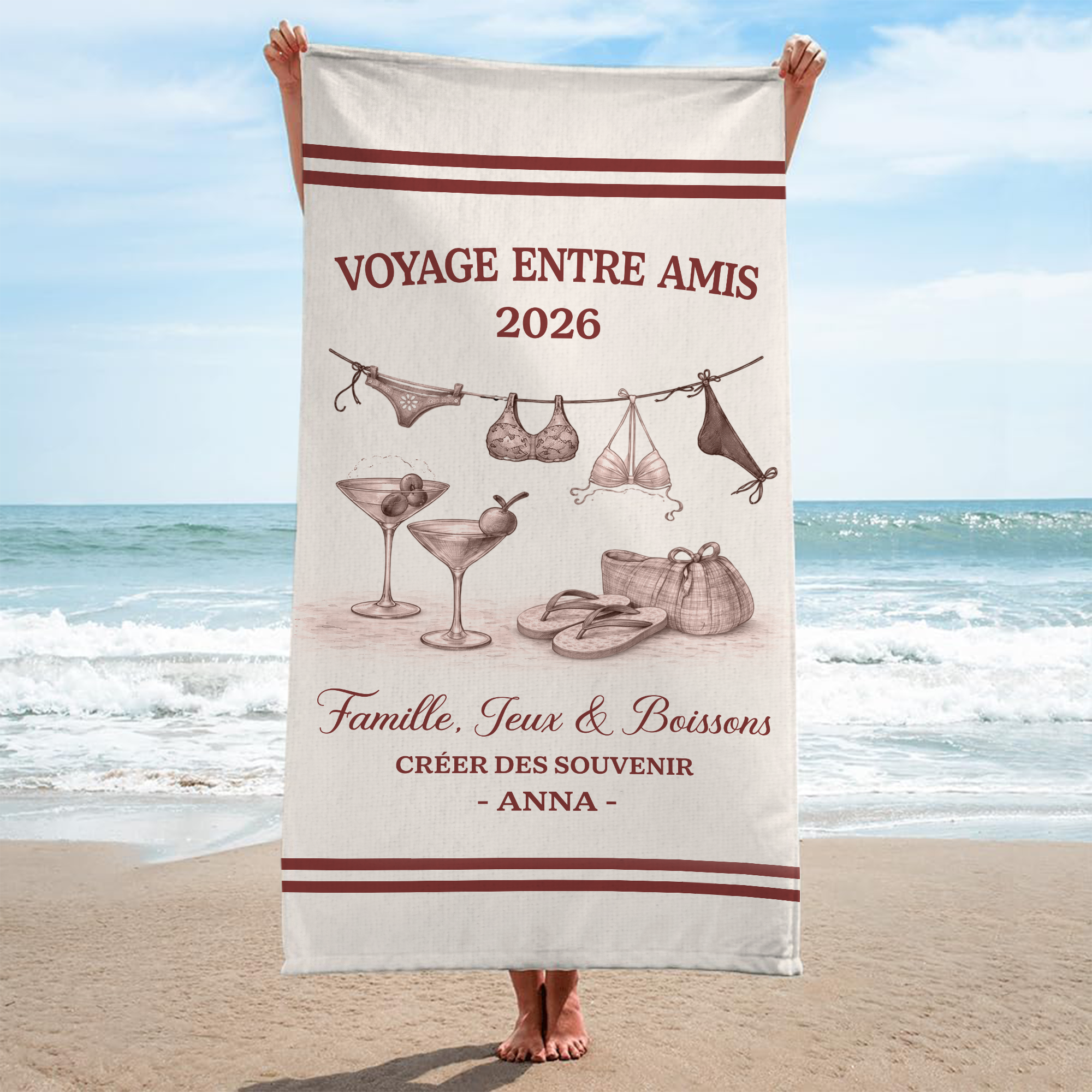 9286BFR2 voyage entre filles en ete serviette de plage personnalisee_ pour femme 9286baeta