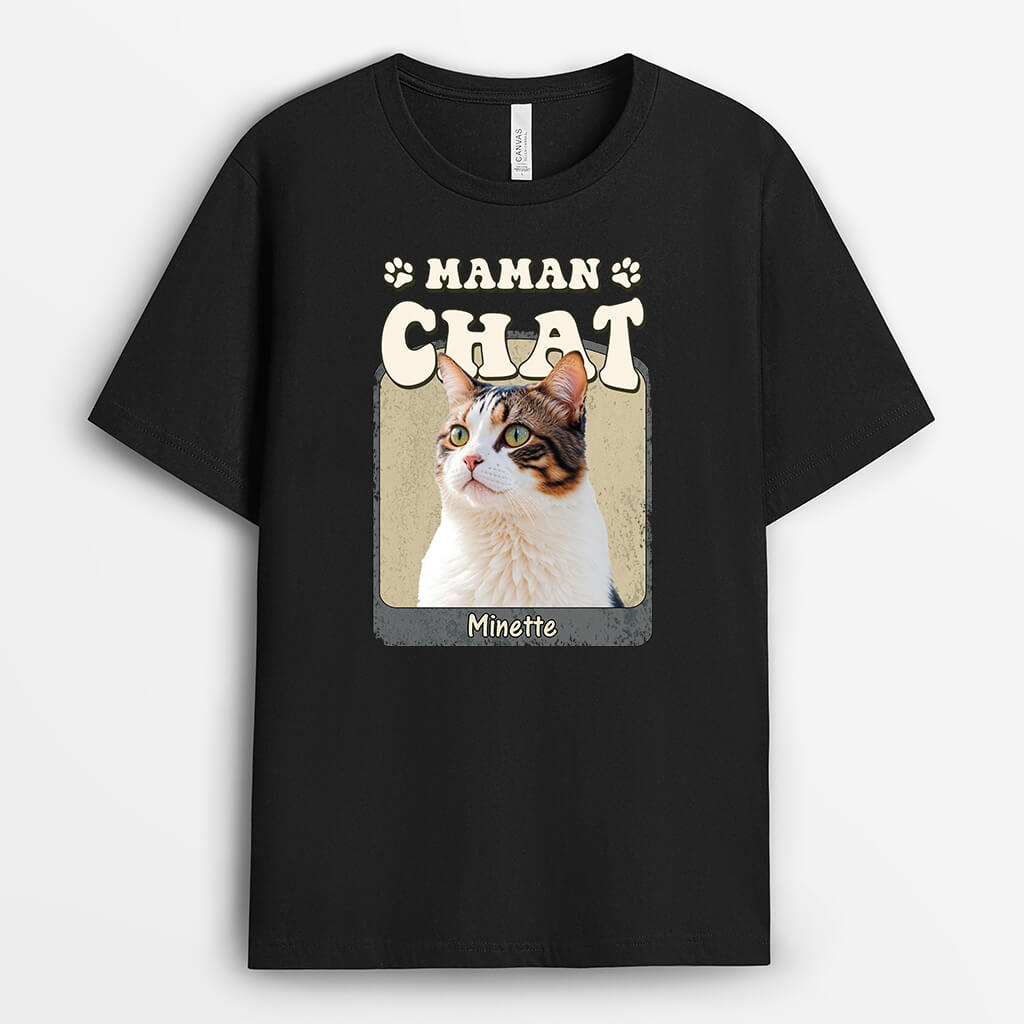 Maman/ Papa Chat Avec Portrait De Chat - Cadeau Personnalisé | T-shirt Pour Amoureux Des Animaux