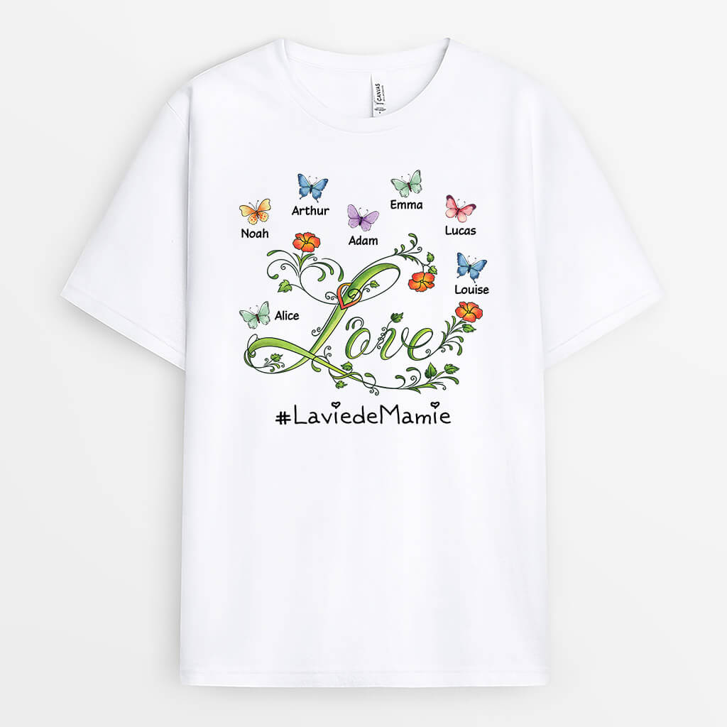 Amour De Mamie Version Fleurs Et Papillons - Cadeau Personnalisé | T-shirt Pour Mamie