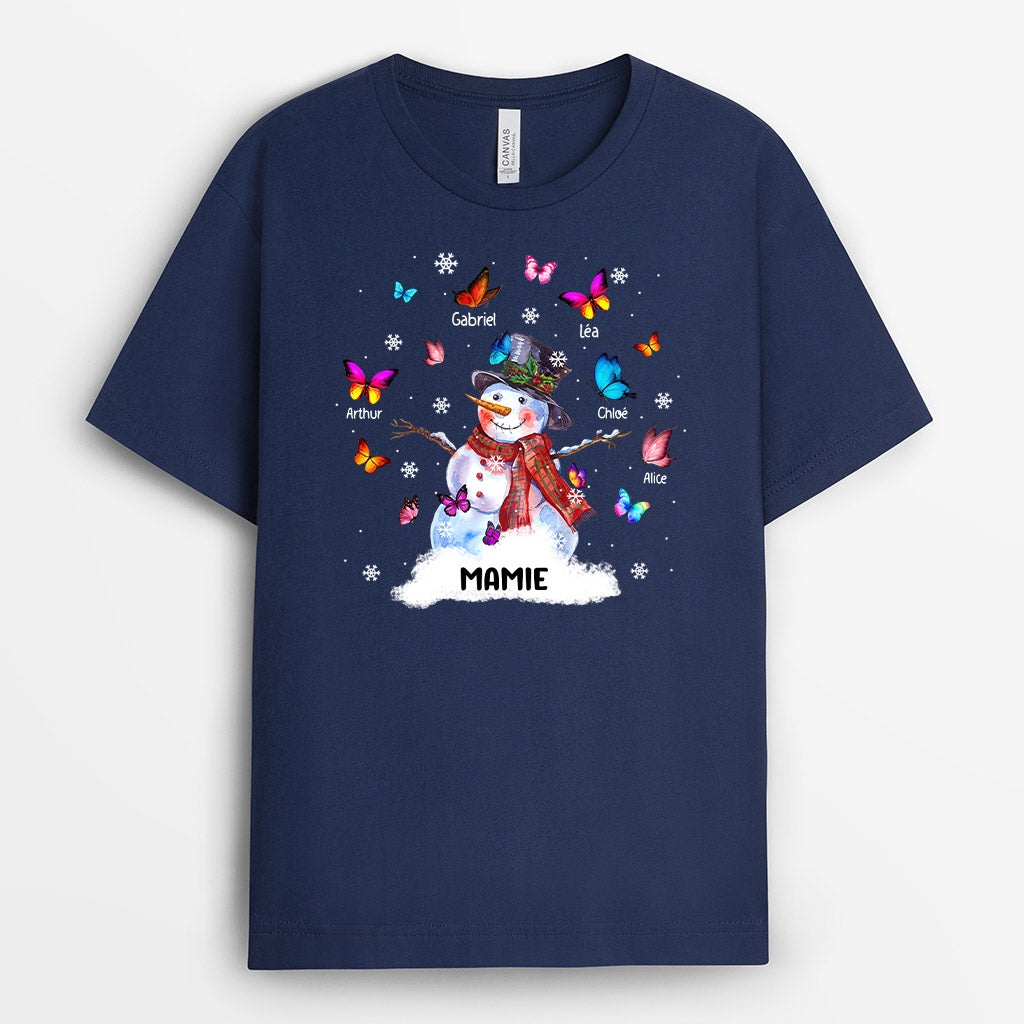 Papillons et Bonhomme de Neige -  Cadeau Personnalisé | T-shirt pour Maman/Mamie